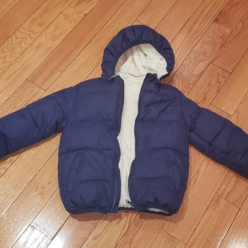 Faux shearling lined puffer jacket w/ hood size 5 UNISEX